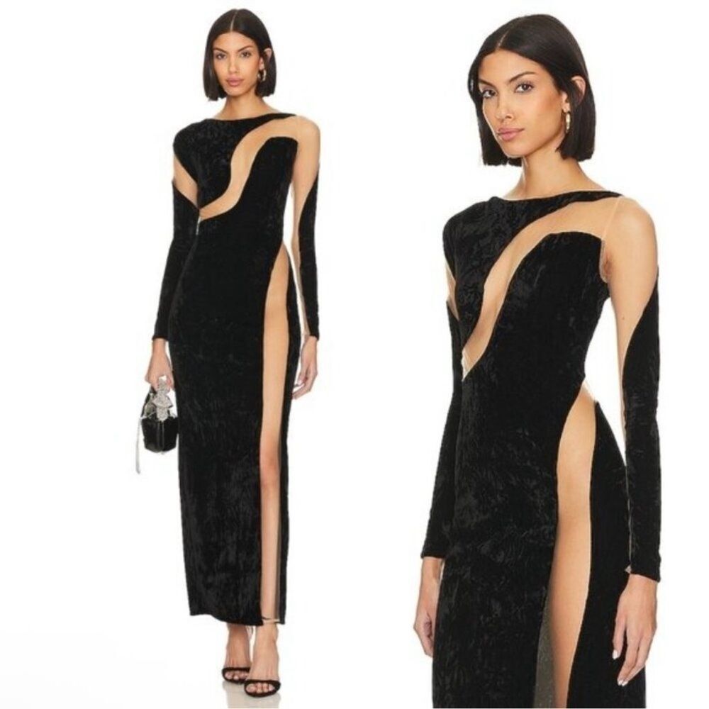 NWD NBD Fareena Velvet and Mesh Inset Maxi Dress Black Size XS